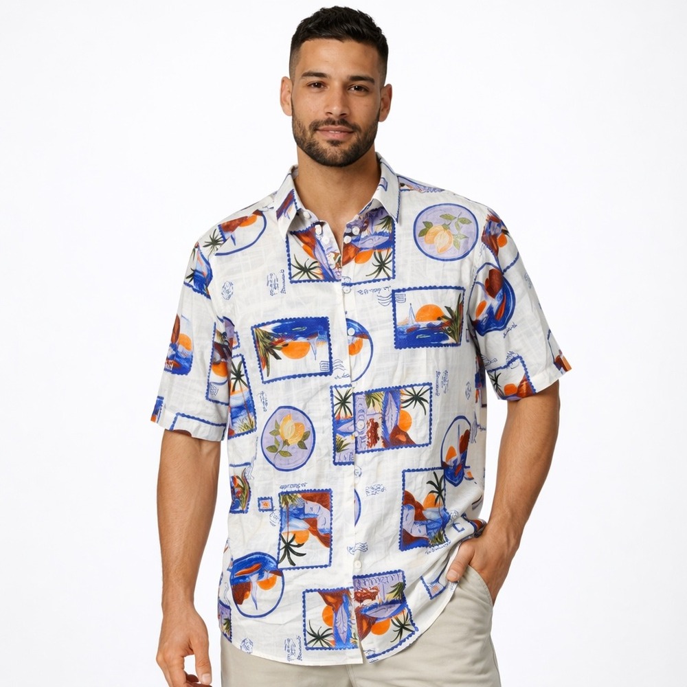 Label of Love Mens Linen Blend Postcard‎ Print Button Down Shirt Blue Moon L NEW
